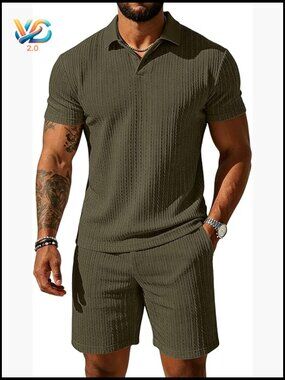 Mens Knit Polo Shirt & Shorts Set 2 Piece Summer Outfits Vacation Tracksuit